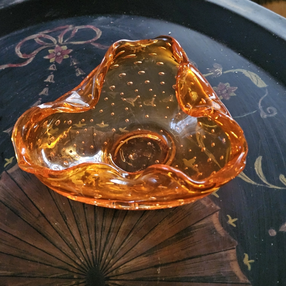 Vintage Orange Mid-Century Modern Art Glass Bowl Controlled Bubbles